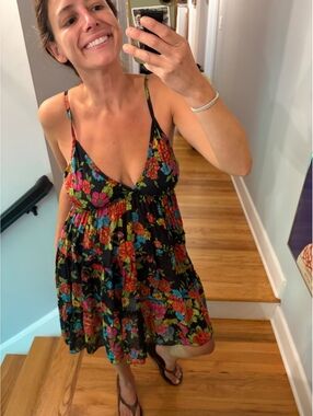 Black Floral Tiered Mini Dress Cottagecore Boho Summer Sundress